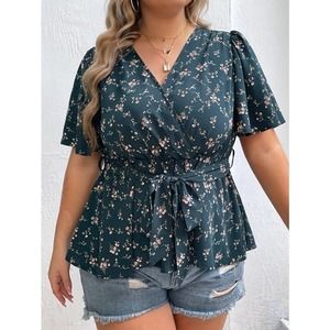 Plus Ditsy Floral Print Butterfly Sleeve Belted Blouse (XL)